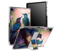 Coque pour Samsung Galaxy Tab A9 8,7" modèle 2023 SM-X110/ X115/ X117 avec porte-stylo, dos transparent avec colibris Sakura, protection des coins antichoc avec béquille rigide