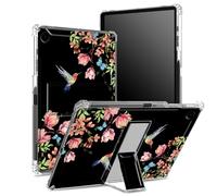 Coque pour Samsung Galaxy Tab A9 8,7" modèle 2023 SM-X110/ X115/ X117 avec porte-stylo, dos transparent avec colibri floral Sakura, protection des coins - Coque antichoc avec béquille rigide