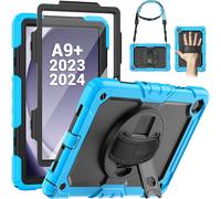 Coque Pour Samsung Galaxy Tab A9 Plus /A9+ 11 Pouces 2023, Coque Antichoc Avec Protecteur D'écran, Support Rotatif À 360°/Dragonne, Bandoulière, Avec Porte-Stylo, Noir/Bleu Clair