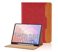Coque pour Samsung Galaxy Tab S11 Ultra 14.6 Pouces 2025 SM-X930/SM-X936B/SM-X936N Business Premium PU Cuir Cover Tablette Housse de Protection Auto Réveil/Sommeil, Multi-Angle Étui avec Poche- Rouge