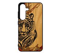 Coque Pour Samsung S25 En Vrai Bois Silicone Tigre Tribal 4g Etui Marron Animal Azteque Color¿ Dessin Housse Homme Original Pour Galaxy