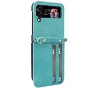 Coque pour Samsung Z Flip 4 Cuir Porte cartes Lanière Versatile Case turquoise