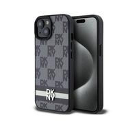 Coque pour smartphone - DKNY - iPhone 15 Plus / 14 Plus - Cuir noir - Motif carreaux et rayures - Rigide
