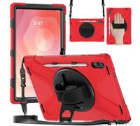 Coque pour tablette Samsung Galaxy Tab S11 Ultra 14,6" 2025 SM-X930/SM-X936B/SM-X936N, béquille rotative à 360 degrés avec dragonne et bandoulière, coque robuste antichoc (rouge)