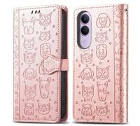 COQUE pour Vivo V70 FE, avec [Emplacement pour Carte] [Support] [Lanière], Motif Chat et Chien Mignon, Portefeuille pour téléphone Portable, Housse pour Vivo V70 FE-Or Rose