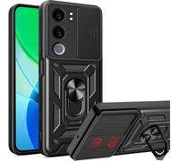 Coque Pour Vivo Y19s 4g - Protection Caméra Coulissante, Anneau Rotatif 360° Et Compatible Support Magnétique Voiture, Dos Pc + Bords Tpu, Anti-Chute Mil-Std 810g, Noir