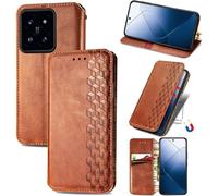 Coque Pour Xiaomi 14t Pro ¿ Étui Portefeuille Cuir Antichoc Avec Motif Losange 3d, Fermeture Magnétique, 2 Emplacements Cartes + Poche, Fonction Support, Marron