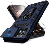 Coque pour Xiaomi 15T 5G Coque avec 2 Verre Trempépour Xiaomi 15T, Couvercle de l'appareil Photo Coulissant, 360° Anneau Support Antichoc Protection Militaire Housse Etui pour Xiaomi 15T (Bleu)