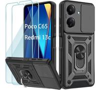 Coque Pour Xiaomi Poco C65/ Coque Xiaomi Redmi 13c,Avec 2 Pièces Verre Trempé,Lentille Coulissante Couverture,Support 360° Rotatif Militaire Pc Armor Etui,Noir(Q149)