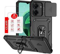 Coque Pour Xiaomi Poco M5s Et Redmi Note 10 4g - Double Couche Tpu+Pc, Cache-Objectif Coulissant, 2 Films Verre Trempé Inclus, Béquille Rotative Verrouillable, Rebord Écran Surélevé - Noir