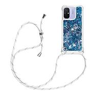 Coque pour Xiaomi Redmi 12C avec Cordon de Collier, Coque avec Cordon Paillette Liquide Étui TPU Housse, Collier RéglableTéléphone Portable Lanyard Case Xiaomi Redmi 12C，Bleu