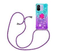 Coque pour Xiaomi Redmi 12C avec Cordon de Collier, Coque avec Cordon Paillette Liquide Étui TPU Housse, Collier RéglableTéléphone Portable Lanyard Case Xiaomi Redmi 12C，Bleu + Violet