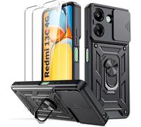 Coque pour Xiaomi Redmi 13C - Noir - Antichoc - Rigide - 2 Verres Trempés - Bague Rotative 360°