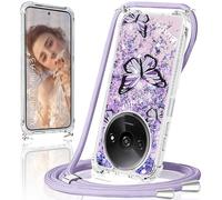 Coque pour Xiaomi Redmi A3 avec Cordon,Transparente Violet Crystal Glitter Sequins Liquid [Avec Motif Papillon Violet] Housse,Silicone TUP Antichoc pour Redmi A3 avec Corde Collier Réglable Case