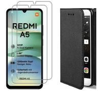 Coque pour Xiaomi Redmi A5 4G Noir + 2 Verres trempé - Etui Housse Portefeuille Vitre Protection Ecran