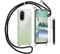 Coque Pour Xiaomi Redmi A5 Avec Verre Trempé Protection Écran Cordon De Collier Réglable Chaîne Antichoc Transparente Silicone Lanyard Case, Housse Étui De Protection - Noir
