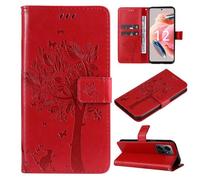 Coque pour Xiaomi Redmi Note 12 4G 6.67"",Prime PU Cuir Etui Magnétique Flip case,Rouge Housse téléphone Motif en Arbre Chat -