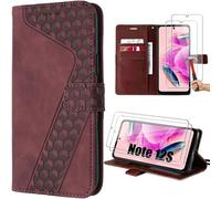 Coque pour Xiaomi Redmi Note 12S, Rouge, Flip-case en Cuir PU à Motif de Cube avec Béquille + 2 Verres Trempés (pas pour Note 12) - E.F.Connection