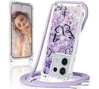 Coque pour Xiaomi Redmi Note 13 Pro 5G avec Cordon,Transparente Violet Crystal Glitter Sequins Liquid [Motif Papillon Violet] Housse,Silicone Antichoc Redmi Note 13 Pro Corde Collier Réglable Case