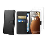 Coque pour Xiaomi Redmi Note 15 PRO 5G et 2 Verres Trempé - Portefeuille Noir Rabat Clapet Aimanté Rangement Cartes Phonillico®