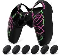Coque Protection Pour Ps5 Manette,Housse Silicone Avec 6 Capuchon Joystick Pour Ps5 Grip Cover Skin Compatible Avec Station De Charge-Sculpture Crâne Rose & Vert,Pure Series