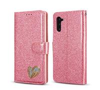Coque PU Cuir Samsung Galaxy NOTE 10 Housse Portefeuille a Clapet ,Glitter Strass Etui à rabat Briller Rose for Girls Pochette en Cuir Flip Couleur Solide L'amour Motif Coquille pour Galaxy NOTE 10