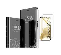 Coque Rabat Miroir Noir + 2 Verres Trempes Pour Samsung Galaxy S22 Plus 5G