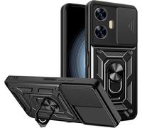 Coque Realme C55 - Protection 4 Coins Étui Noir Avec Cache Lentille Coulissant, Anneau Rotatif 360° Et Plaque Magnétique Pour Support Voiture, Tpu+Pc, Attache Dragonne
