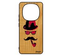 Coque Redmi Note 14 Pro/14 Pro+ Plus 5g Bois Veritable Silicone Monsieur Moustache Bumper Etui Chapeau Melon Homme Rose Tag Pour Xiaomi