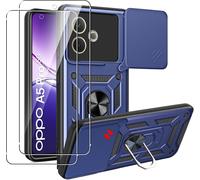 Coque Renforcée Militaire Oppo A5 Pro 5g/4g + 2 Verres Trempés 9h, Antichoc Avec Anneau Rotatif 360° Et Cache Caméra Coulissant Bleu