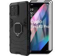 Coque Renforcée pour Oppo Find X3 / Find X3 Pro + 2 Verres Trempés - Support Anneau Rotatif 360° Compatible Aimant Voiture, Noir