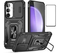 Coque Renforcée Pour Samsung Galaxy S24 Fe ¿ Double Couche Pc+Tpu, Protection Caméra Coulissante, Anneau Rotatif 360° Compatible Support Magnétique, Verre Trempé 9h, Style Militaire Noir