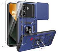 Coque Renforcée Xiaomi Poco M7 Pro 5g + 2 Verres Trempés 9h, Antichoc Et Antirayures, Support Anneau 360° Magnétique, Cache Caméra Coulissant ¿ Bleu