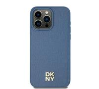 Coque rigide DKNY pour iPhone 15, motif cuir, compatible MagSafe, bleue