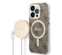 Coque rigide Guess pour iPhone 14 Pro, impression 4G, MagSafe, marron