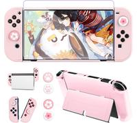 Coque Rose Compatible avec Nintendo Switch OLED,Coque de Protection Ultra Fine Rose Étui pour Console NS OLED et Contrôleur,avec Protection Ecran Verre Trempé et 4 Poignées Couvre Pouce