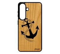 Coque S26+ Plus en Bois Naturel Silicone Ancre SM-S947B Case Noir de Bateau Noir Marine Chaine rayé Rayure marinière pour Samsung Galaxy