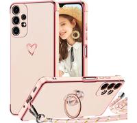 Coque Samsung Galaxy A13 4g - Bumper Tpu Souple Antichoc Avec Bandoulière Réglable Amovible Et Anneau Rotatif 360°, Liseré Doré, Rose