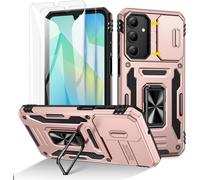 Coque Samsung Galaxy A16 5g - 2 Verres Trempés, Cache Caméra Coulissant, Anneau Béquille Métal 360° Et Protection Renforcée Style Militaire (Doré)