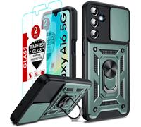 Coque Samsung Galaxy A16 5g/4g Verte - Étui Antichoc Pc+Tpu, Cache Caméra Coulissant, Anneau Support Magnétique, 2 Verres Trempés, Protection Anti-Rayures
