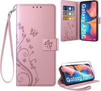 Coque Samsung Galaxy A20e + Verre Trempé ¿ Étui En Cuir Pu Rétro Floral, 3 Fentes Cartes, Support Pliable Et Fermeture Magnétique ¿ Rose Doré