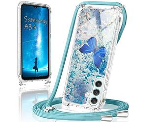 Coque Samsung Galaxy A34 5G avec Cordon,Transparente Crystal Glitter Sequins Liquid pour Samsung Galaxy A34 5G Housse,Silicone TUP Antichoc pour Samsung A34 5G avec Cordon Collier Réglable Case Cover