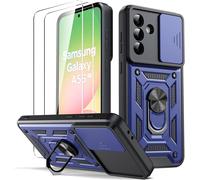 Coque Samsung Galaxy A56 5g - Bleu, Couvercle Caméra Coulissant, 2 Verres Trempés Inclus, Support Anneau Rotatif 360°, Protection Antichoc Et Anti-Rayures