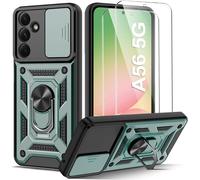 Coque Samsung Galaxy A56 5g - Protection Anti-Choc Pc+Tpu Avec Cache Caméra Coulissant, Anneau Rotatif 360° Support, 2 Verres Trempés Inclus - Vert