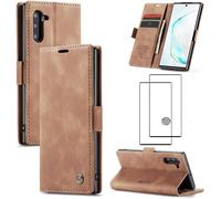 Coque Samsung Galaxy Note 10 Marron Cuir Pu - Housse Portefeuille Magnétique Avec Rangement Cartes, Bumper Tpu, Support Pliable + Verre Trempé Hd