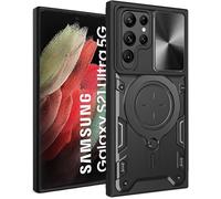 Coque Samsung Galaxy S21 Ultra 5g - Anti-Chocs Niveau Militaire, Cache Caméra Coulissant, Bague Support Escamotable Invisible, Compatible Fixation Magnétique Voiture, Noir