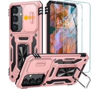 Coque Samsung Galaxy S24 5g - Antichoc Tpu+Pc Renforcée, 2 Verres Trempés Inclus, Cache Caméra Coulissant, Béquille Intégrée & Dos Magnétique Pour Support Auto - Rose Gold