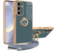 Coque Samsung Galaxy S24 Fe 5g ¿ Silicone Souple, Cordon Tour De Cou Amovible, Anneau Rotatif 360° Support, Protection Complète Aux Bords Plaqués ¿ Bleu