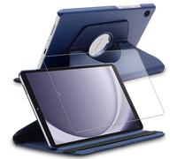 Housse pour Galaxy Tab A9 8.7 (2023) SM-X110 Support Rotatif 360 PU Cuir, Bleu Foncé + Film VERRE Trempé