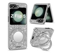 Coque Samsung Galaxy Z Flip 5,Paillettes Original Etui pour Samsung Z Flip 5 5G avec Miroir Support, Protection Magnétique Antichoc Coque pour Galaxy Z Flip 5 Case (Argenté)